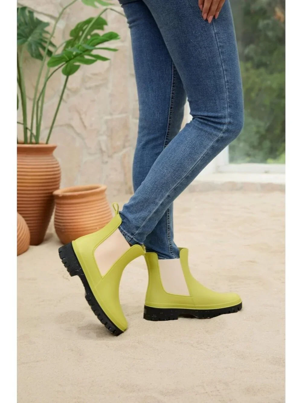 Women's Rose Red Rubber Short Chelsea Waterproof Rain Boots For Ladies